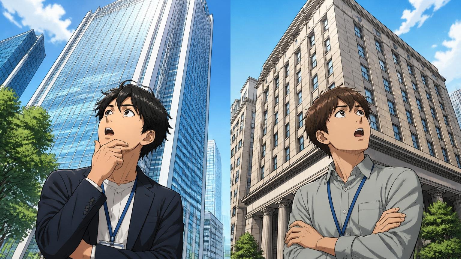 親会社NTTデータ本体923万円との格差｜東京本社の高層ビルと大阪堂島のオフィスを見上げる若手エンジニア2人が比較している