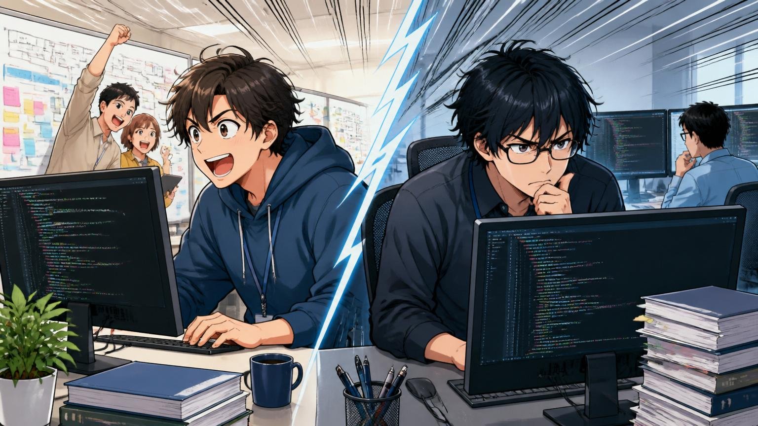 Works Human IntelligenceとワークスアプリケーションズのERP開発現場で対比される2人のエンジニア、コードを見つめる姿