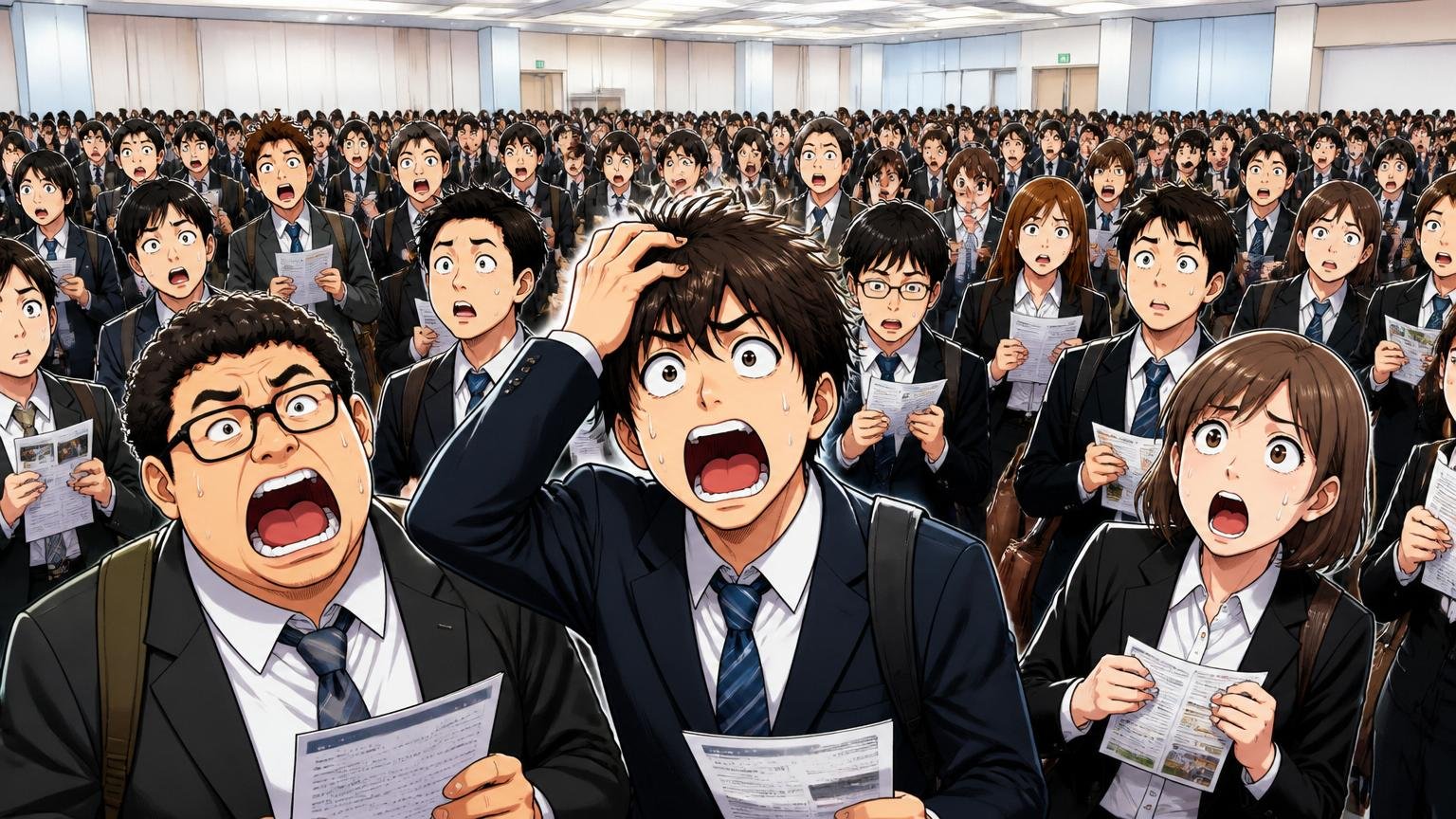 KDDIに落ちた人は合格者の何倍いるのか、企業説明会の会場で多くの応募者が集まる広い会議室