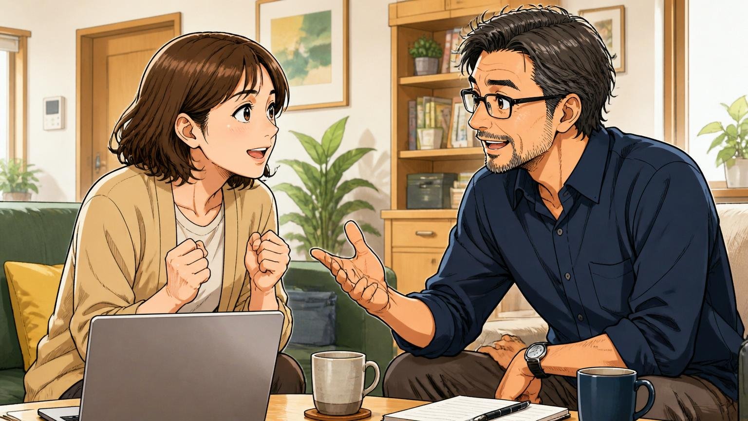 自宅のリビングで30代女性エンジニアと40代男性メンターが向かい合って真剣に話す、励まし合う温かい表情