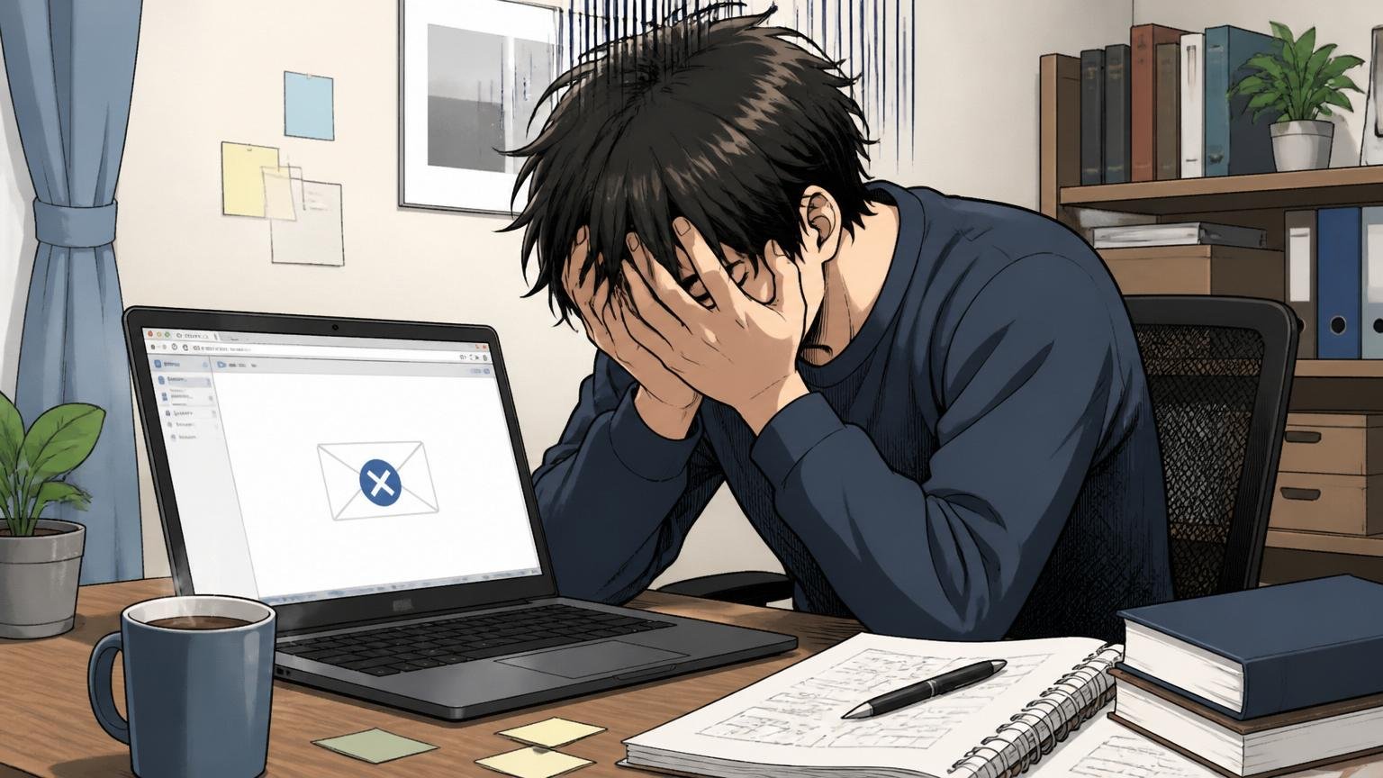自宅のデスクで在宅勤務中の30代エンジニア1名が不採用メールを見て肩を落とし手で顔を覆う