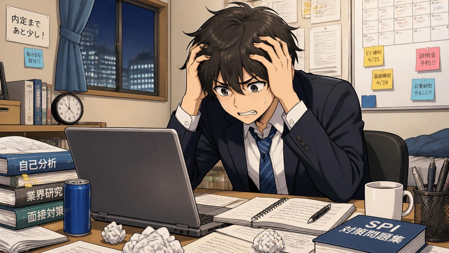 自宅のデスクで遅い時間にノートPCを見ながら頭を抱える就活生1名