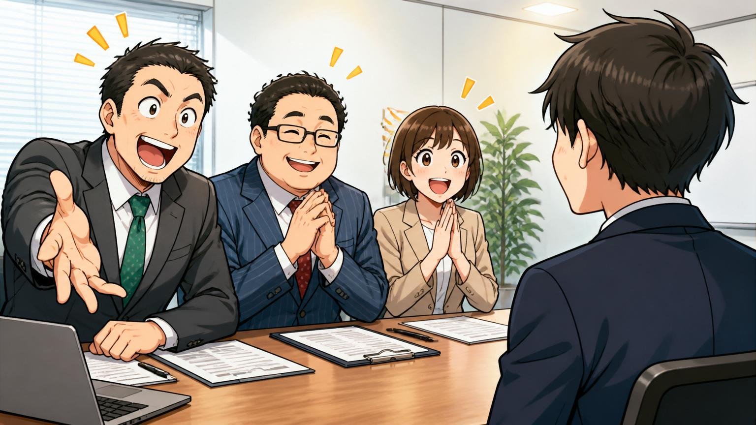 企業の会議室で面接、人事担当の3人がIT経験者の応募者を歓迎する表情