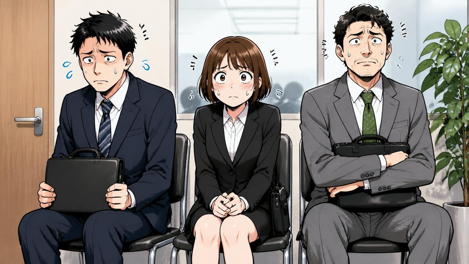 採用倍率の現実、企業の会議室で面接を待つ20代と30代の応募者3人が緊張した表情で椅子に座る