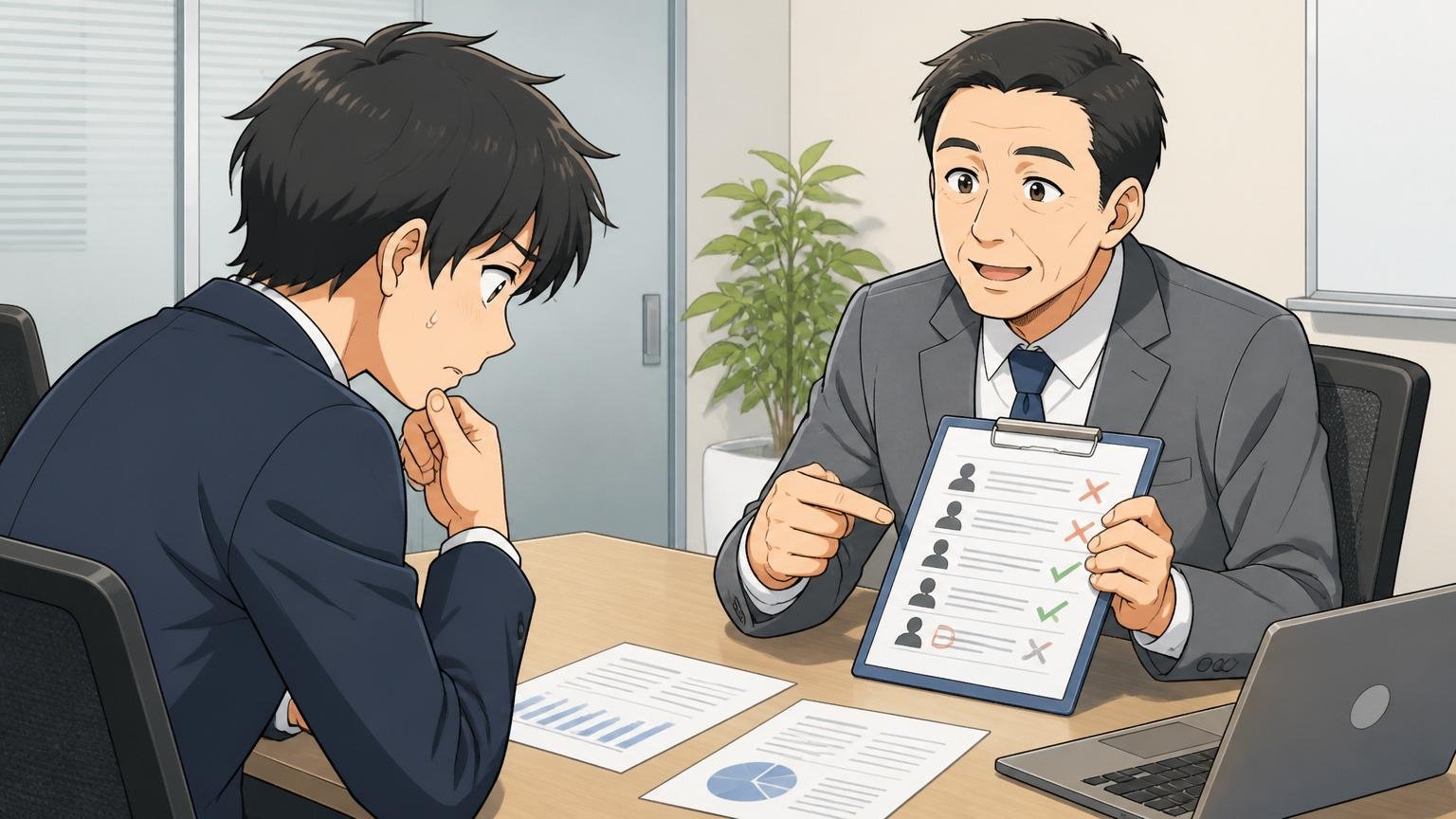 落ちたのはあなたではなく条件のマッチングと教えるメンター、企業の会議室で面接、2人、穏やかに諭す表情