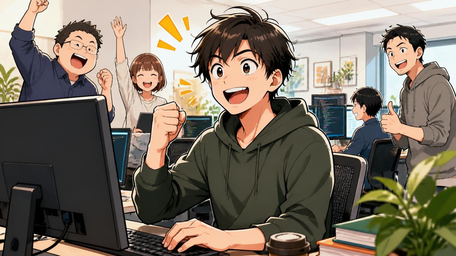 Web系自社開発企業のオフィスでエンジニアが自信を取り戻して笑顔でPC作業をする様子