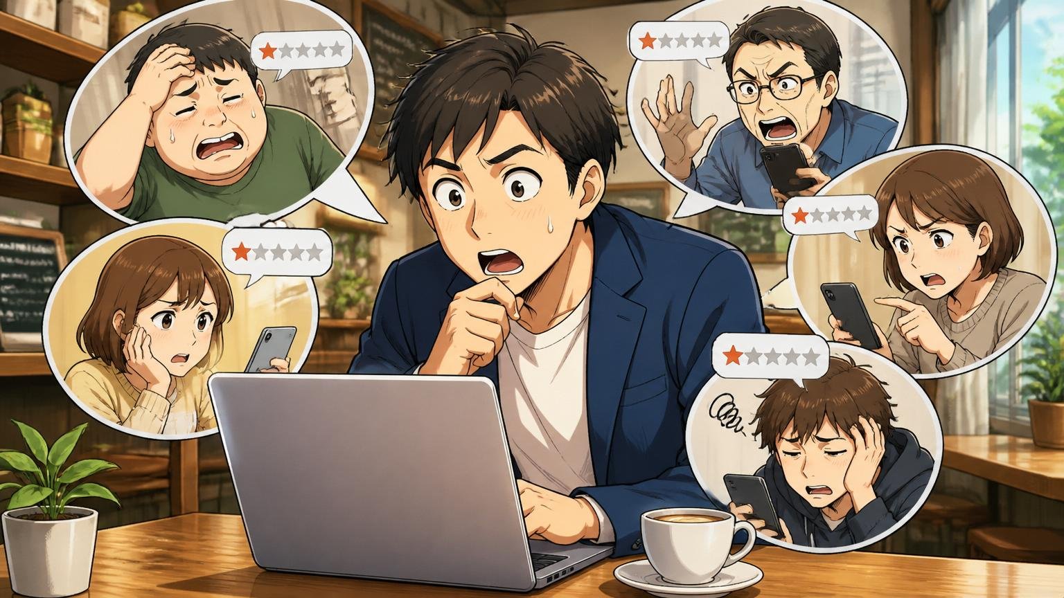 落ちた人の声を集めると見えてくる共通点 / カフェでノートPCを開く30代男性1人、口コミ画面を見て驚いた表情