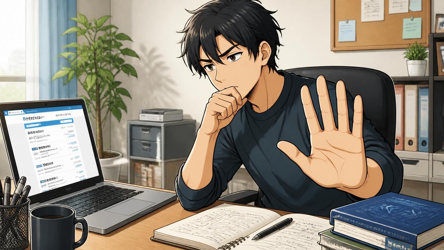 今すぐ次の応募に飛びつかないでくださいというメッセージを伝えるシーンで自宅のデスクで転職サイトを開いたまま手を止めるITエンジニア 30代1人 考え込む表情