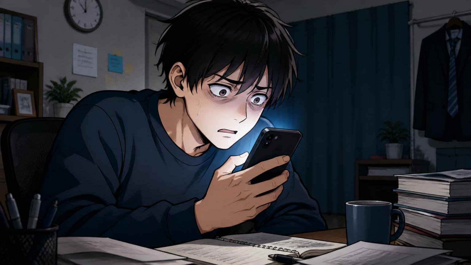 自宅のデスクで深夜にスマホを見つめる転職活動中の20代後半男性、画面の光が顔を照らす