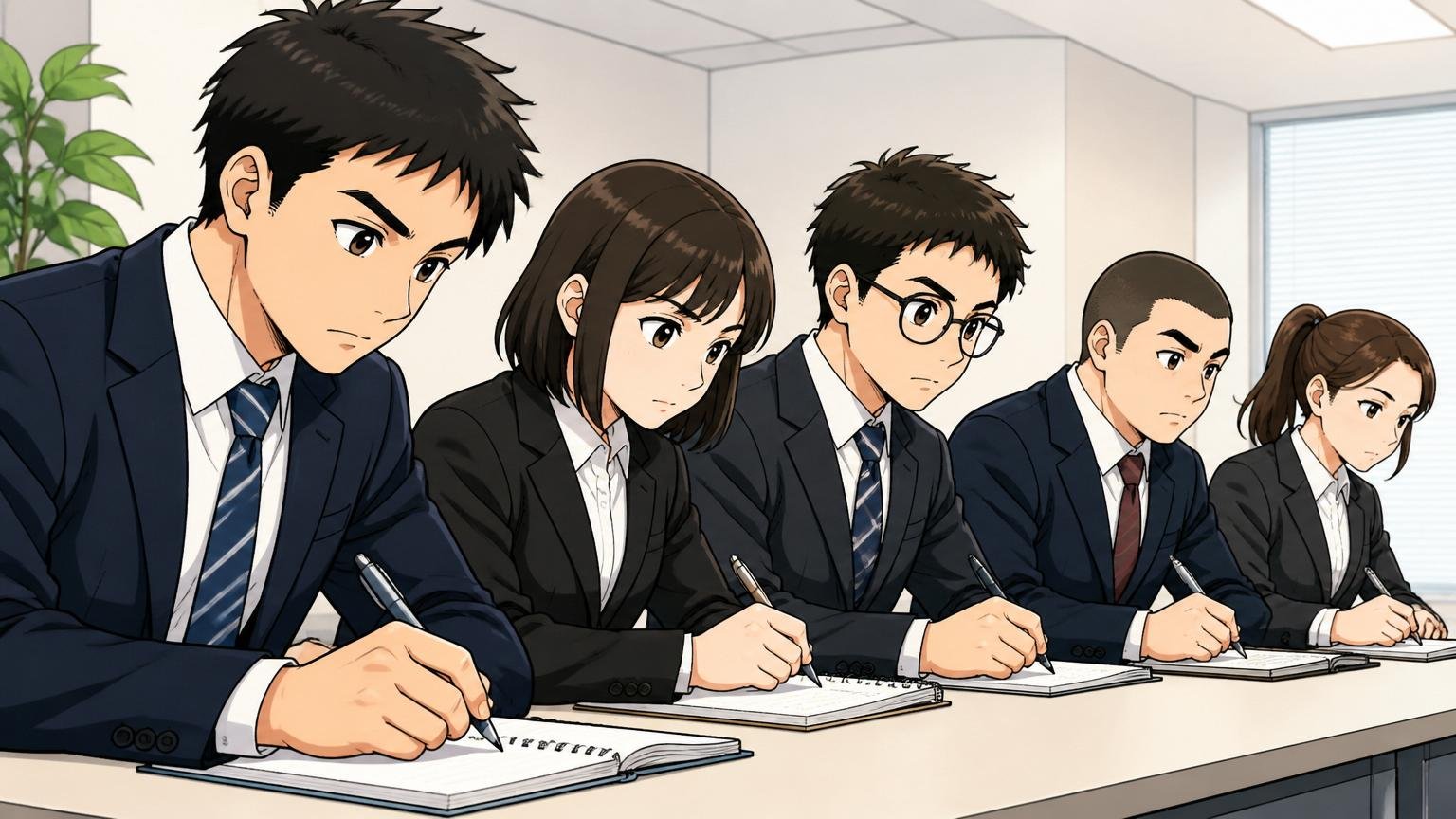 SOMPOシステムズの会社説明会で説明を聞く新卒就活生5人が真剣な表情でメモを取っている