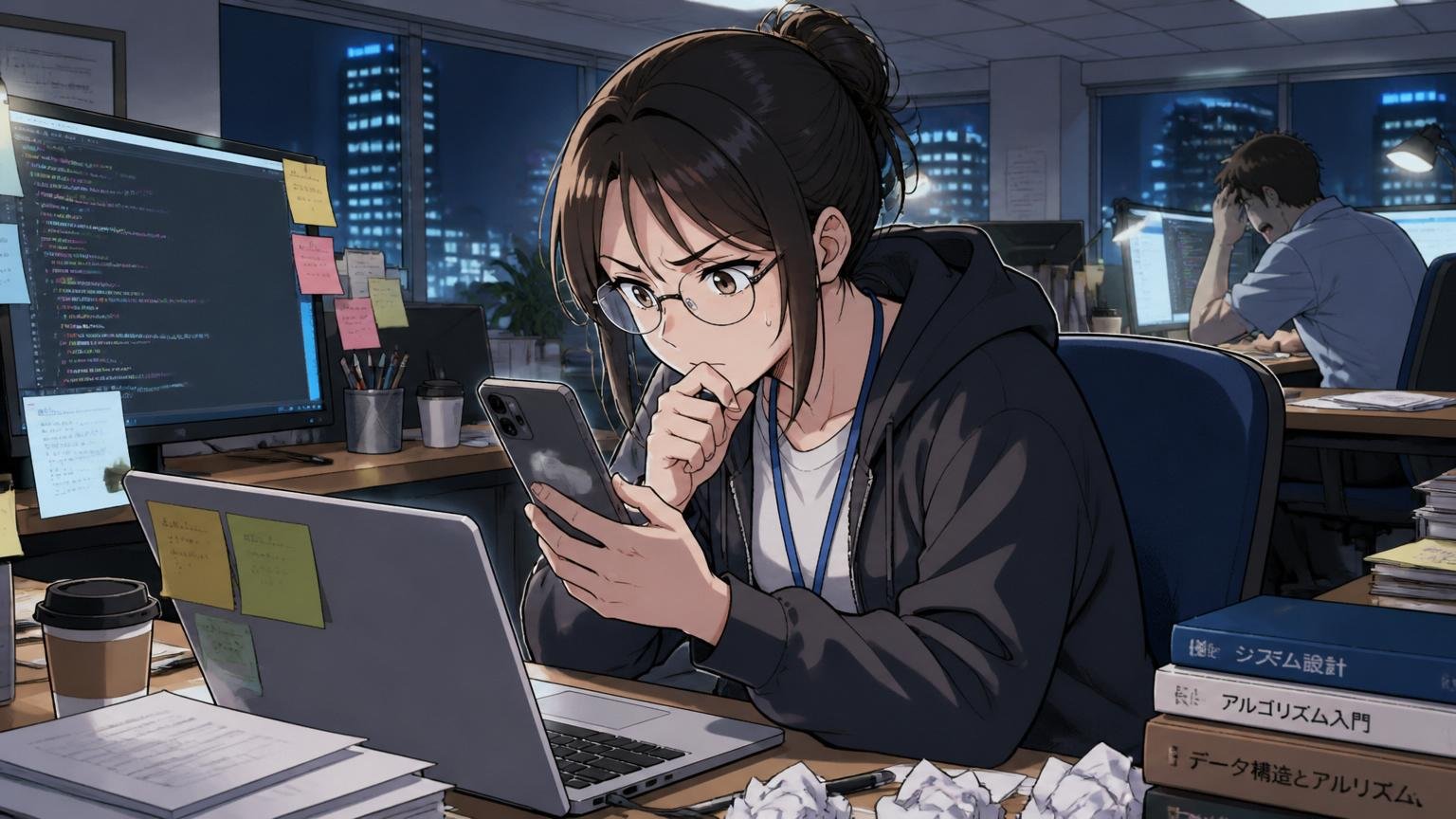 企業のオフィスで深夜にスマホで検索を続ける30代の女性エンジニア