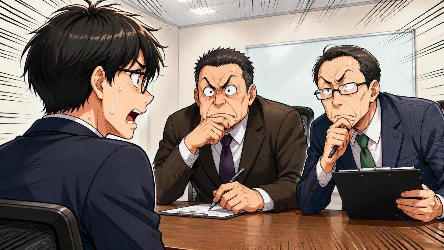 企業の会議室で面接を受ける男性エンジニアと2人の面接官のシーン。3人。緊張と評価する眼差しのオーバーリアクション