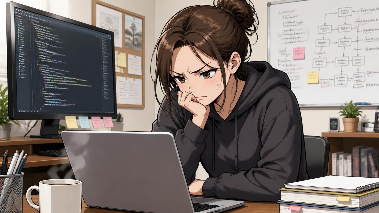 自宅のデスクで在宅勤務中の30代女性エンジニアが落胆と悔しさの混じった複雑な表情で考え込んでいる