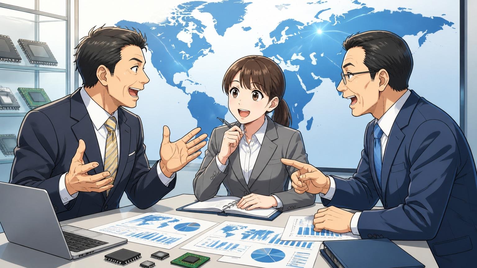 半導体商社のオフィスで世界地図を背景に取引先と打ち合わせをするビジネスパーソンの40代男性2人と20代女性1人
