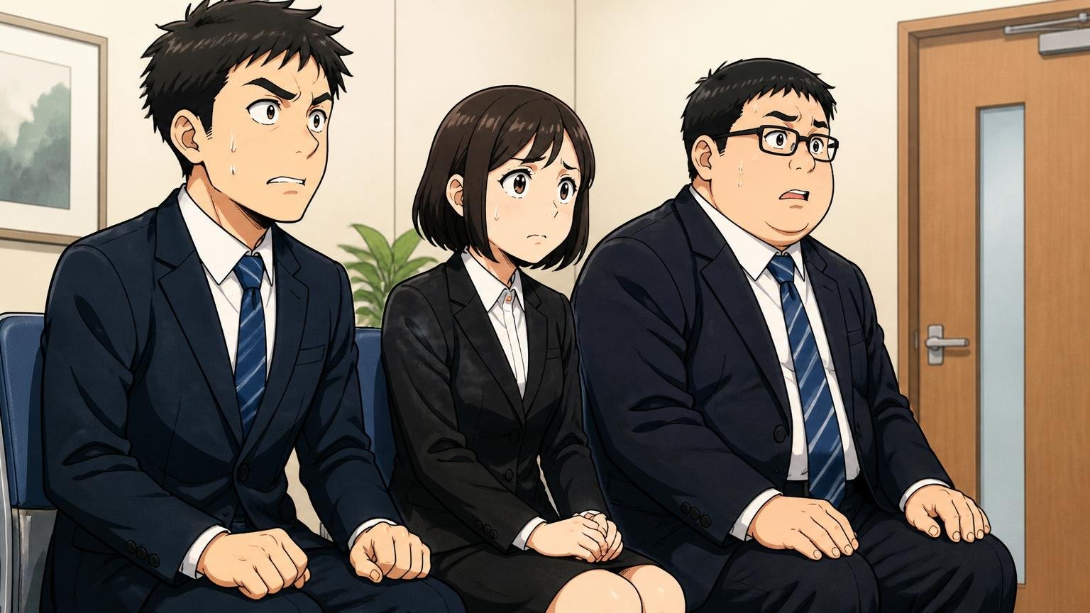 実は落ちた人のほうが圧倒的多数派という事実。企業の会議室で面接を受ける複数のスーツ姿の応募者たちが緊張した表情で並んでいる3人