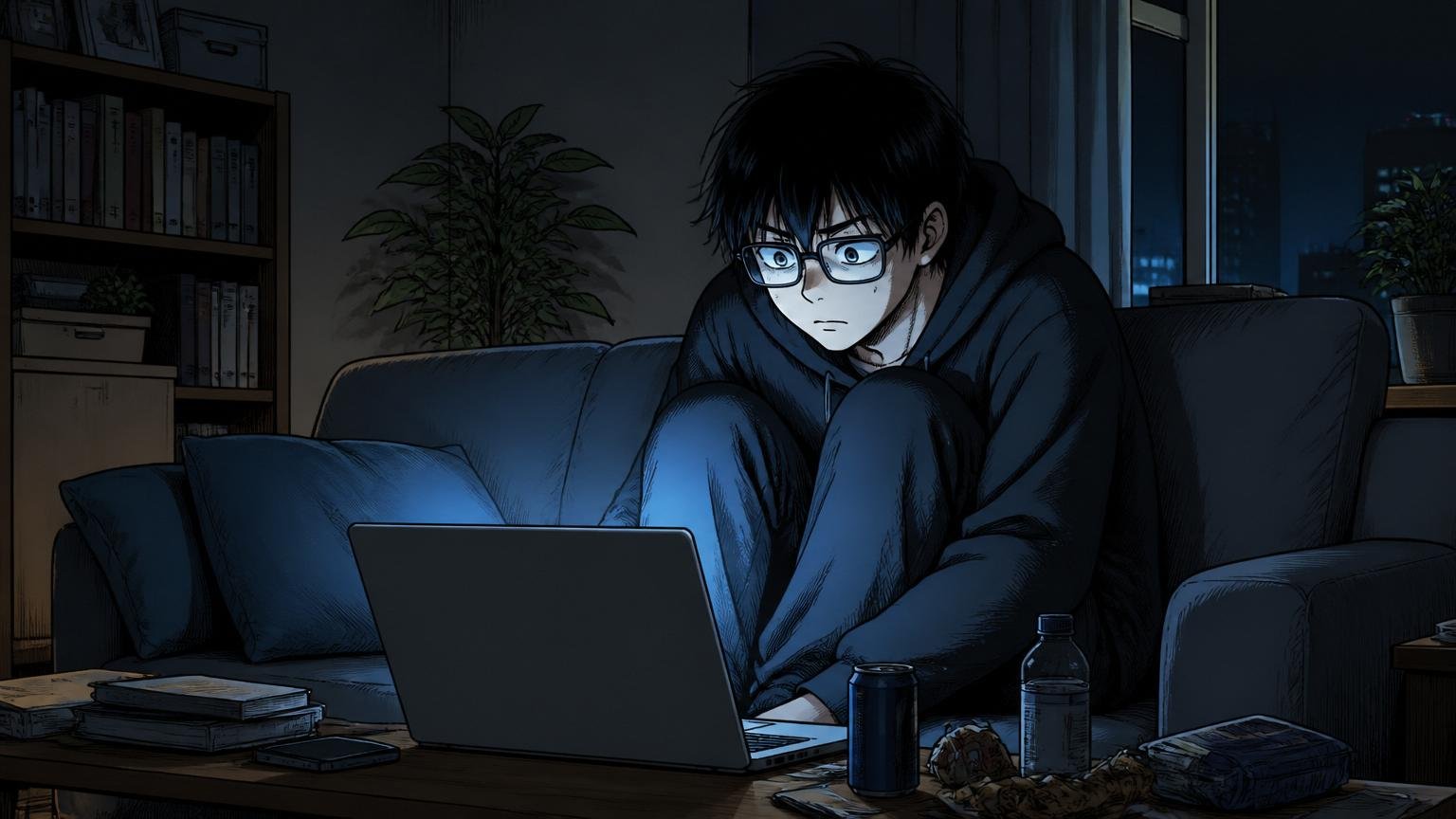 深夜のリビングのソファで膝を抱えるエンジニア1人、ノートPCの光だけが顔に当たる