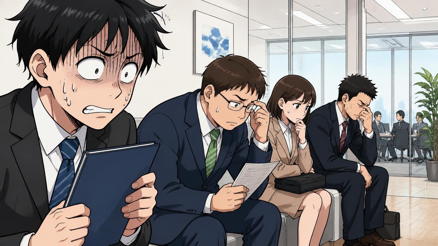 KDDIアイレットは人気企業で落ちる人が多い、クラウド企業のオフィスで複数の応募者が選考を待つ緊張した様子