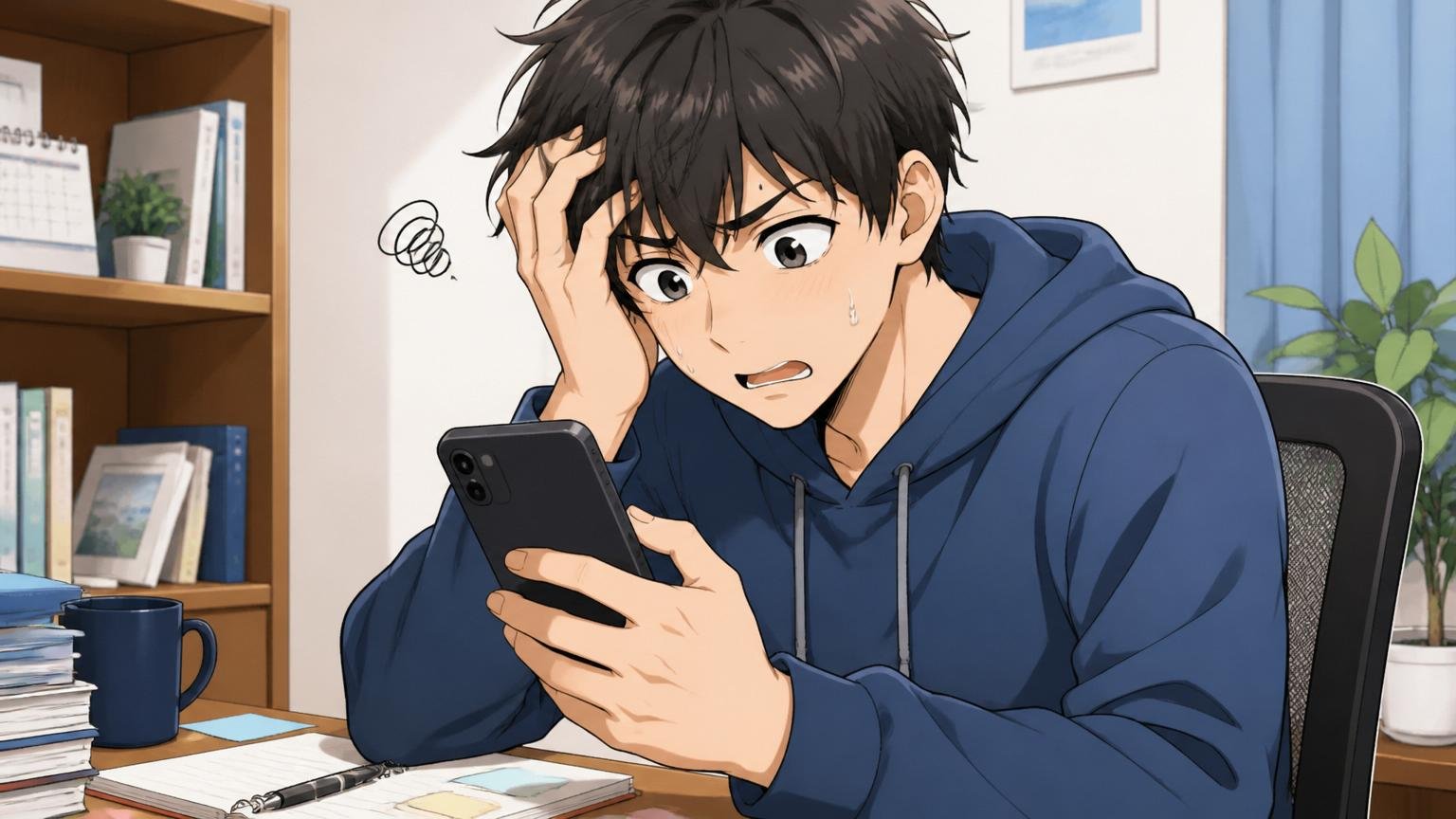 選考結果を待つ不安｜自宅のデスクでスマホの通知を何度も確認する在宅中の男性1人