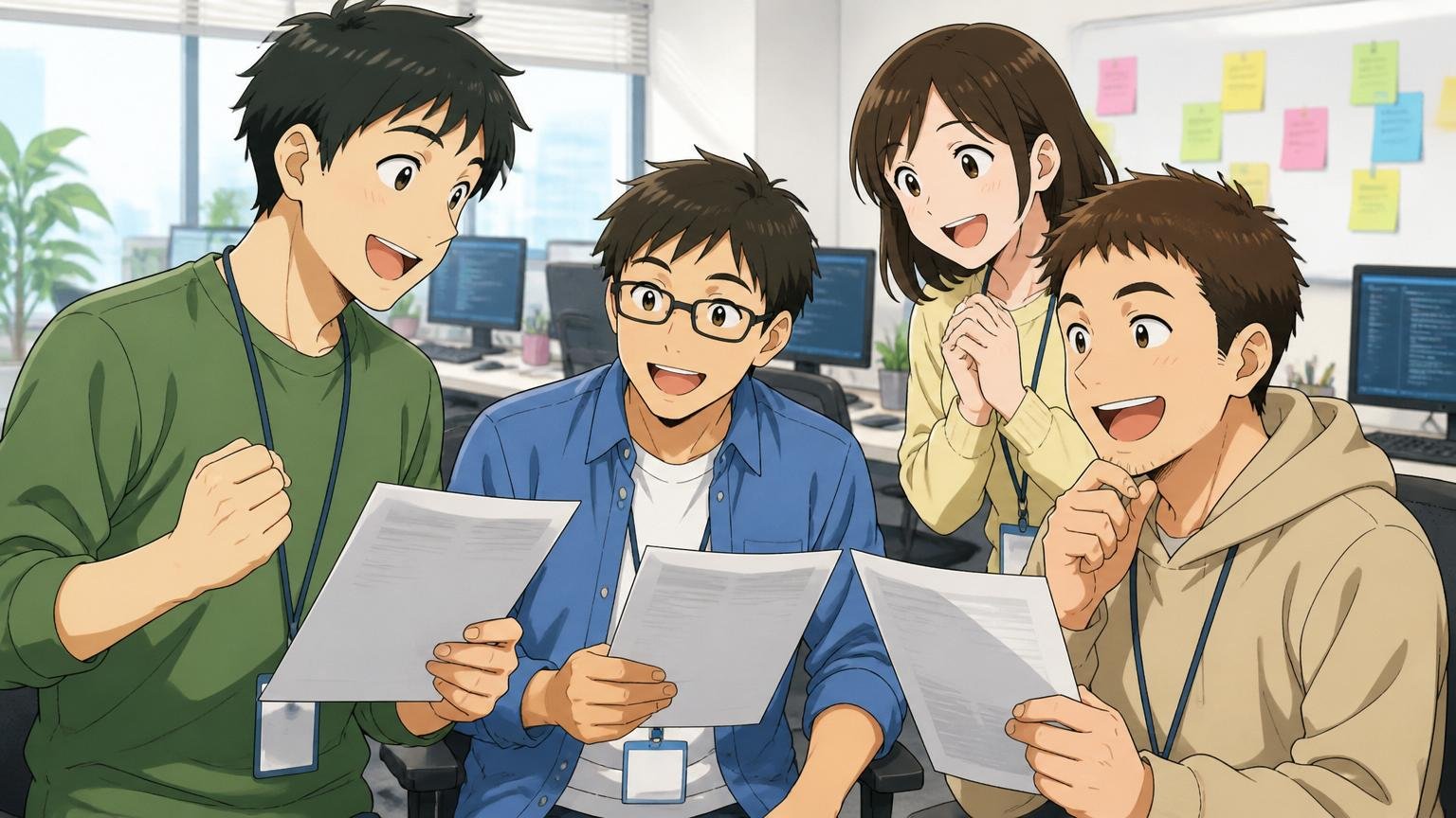 落ちるのが普通。IT企業のオフィスで複数の若手エンジニアが書類を手に話し合い安心した表情