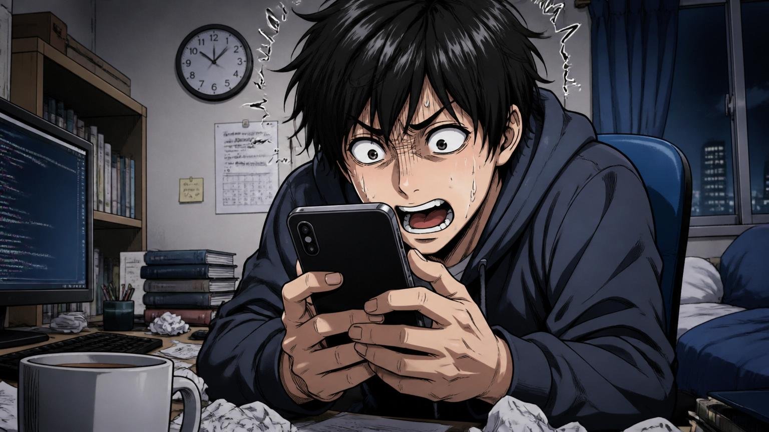 落ちた直後にやってはいけないこと 深夜の自室でスマホを握りしめ焦る20代男性エンジニア