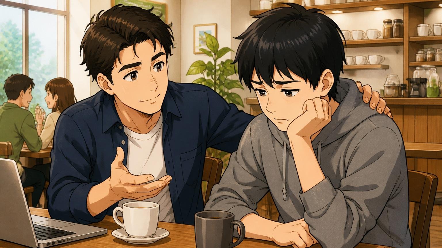 落ちたは能力の全否定ではない カフェで先輩エンジニアが落ち込む若手を励ます2人、穏やかな表情