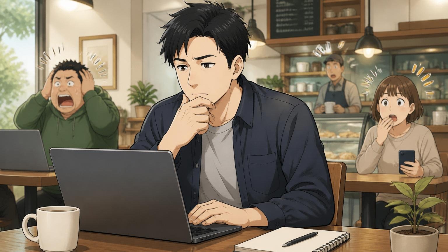 採用倍率で見る落ちたの本当の意味。カフェでノートPCを見て少し前を向く30代男性エンジニア