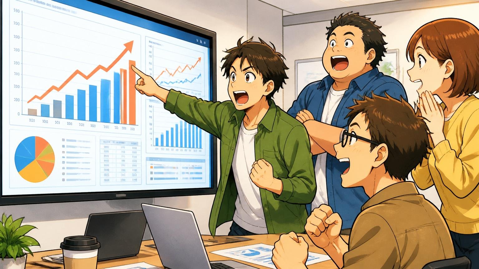 オフィスの大型モニターに会社の数値データを映して感心するエンジニアたちのIT企業オフィスの会議シーン