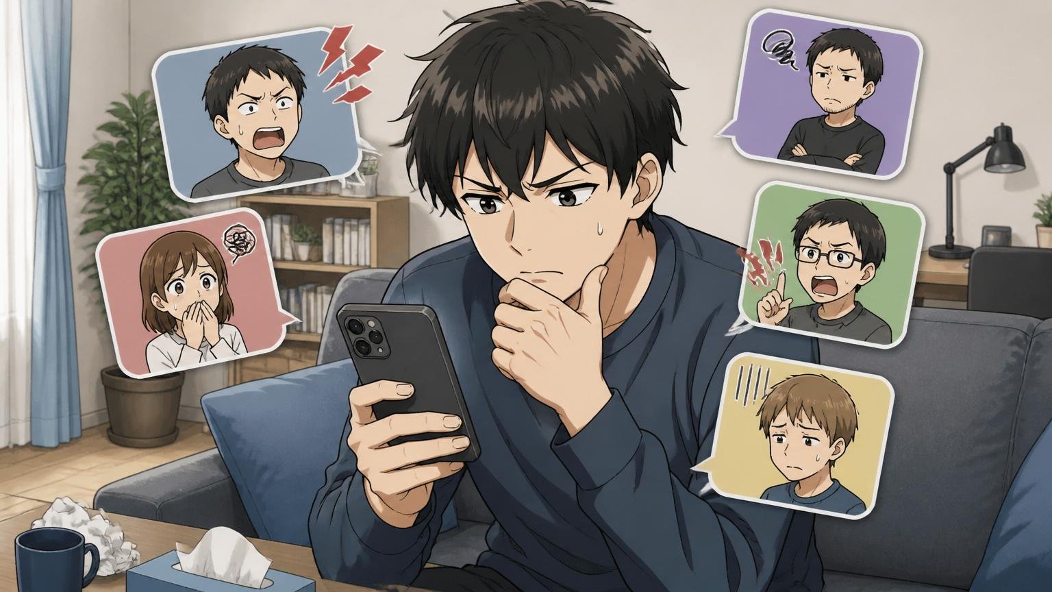 自宅でスマホの口コミ掲示板を不安そうに見つめる20代男性、眉をひそめる一人のシーン