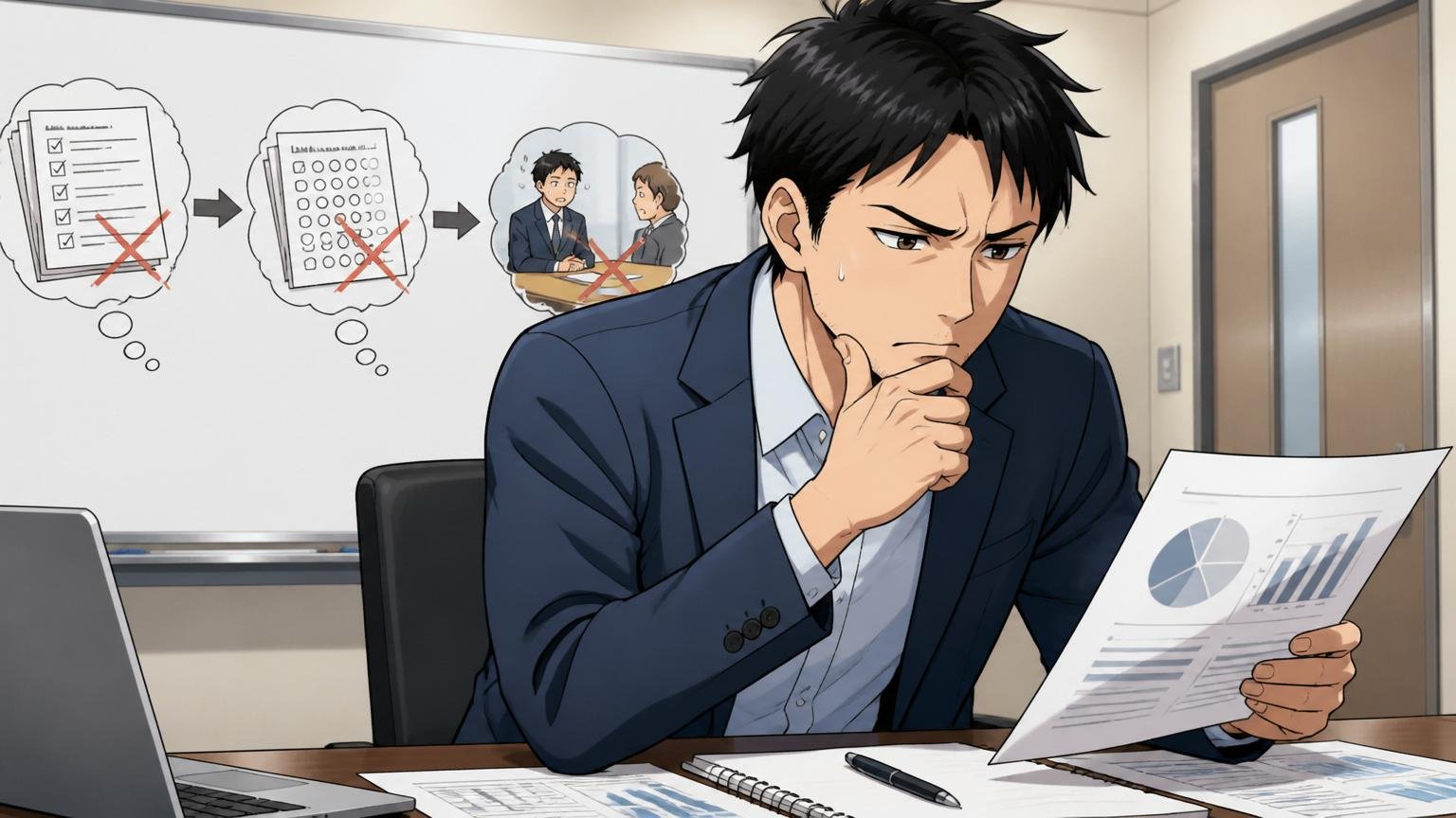 書類・適性検査・面接のどの段階で落ちたか考え込む30代エンジニア、企業の会議室で資料を見ながら