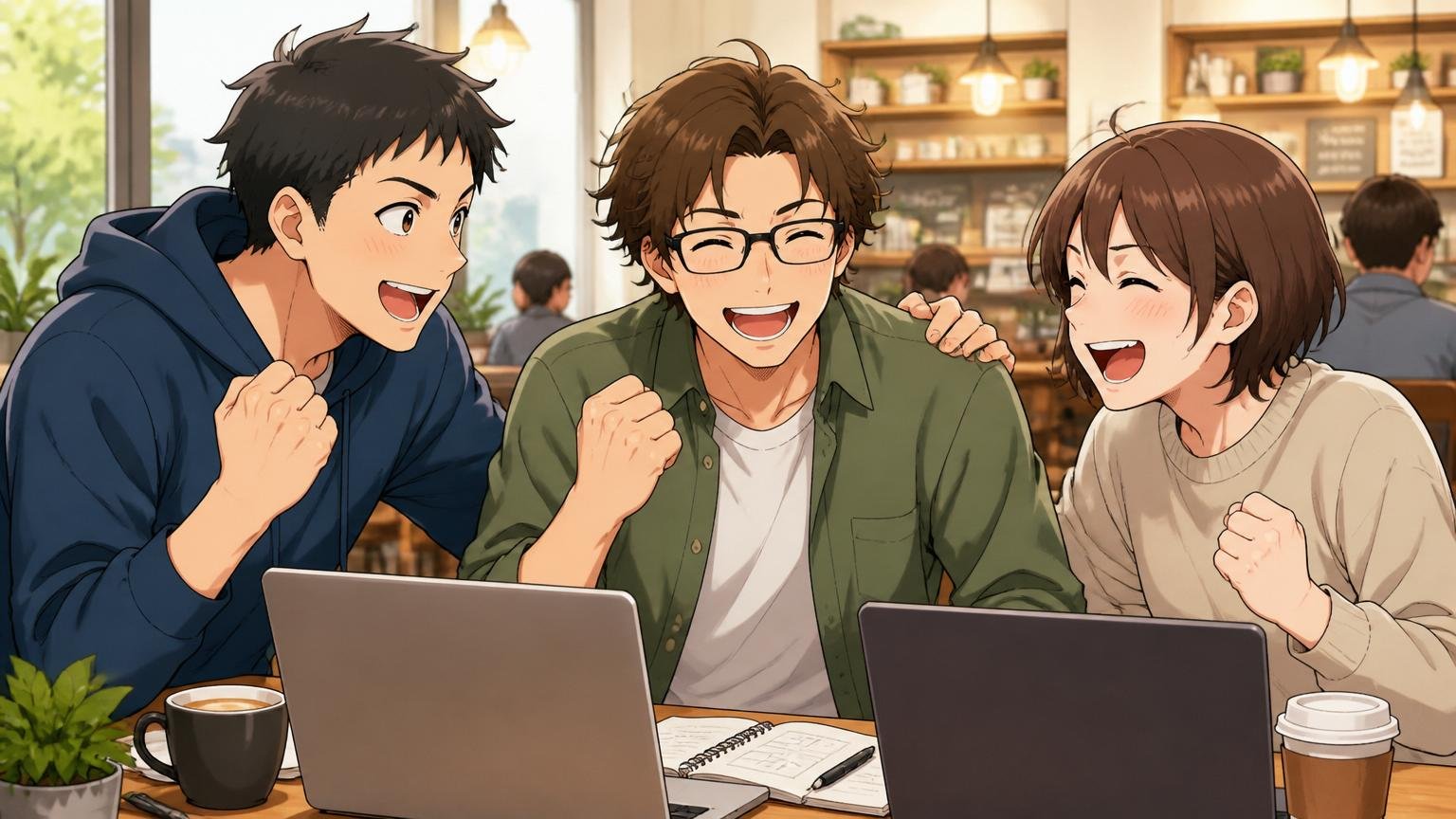 落ちた人は、あなただけではない、カフェで励まし合う複数のエンジニア、3人が前向きな表情