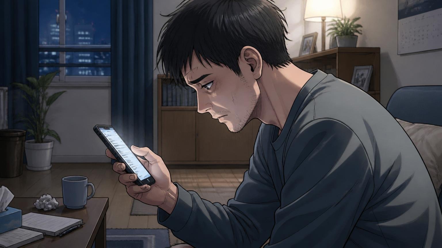 落ちたショックの正体、夜の自宅の部屋で一人スマホの不採用メールを見つめる30代男性のさみしげな横顔
