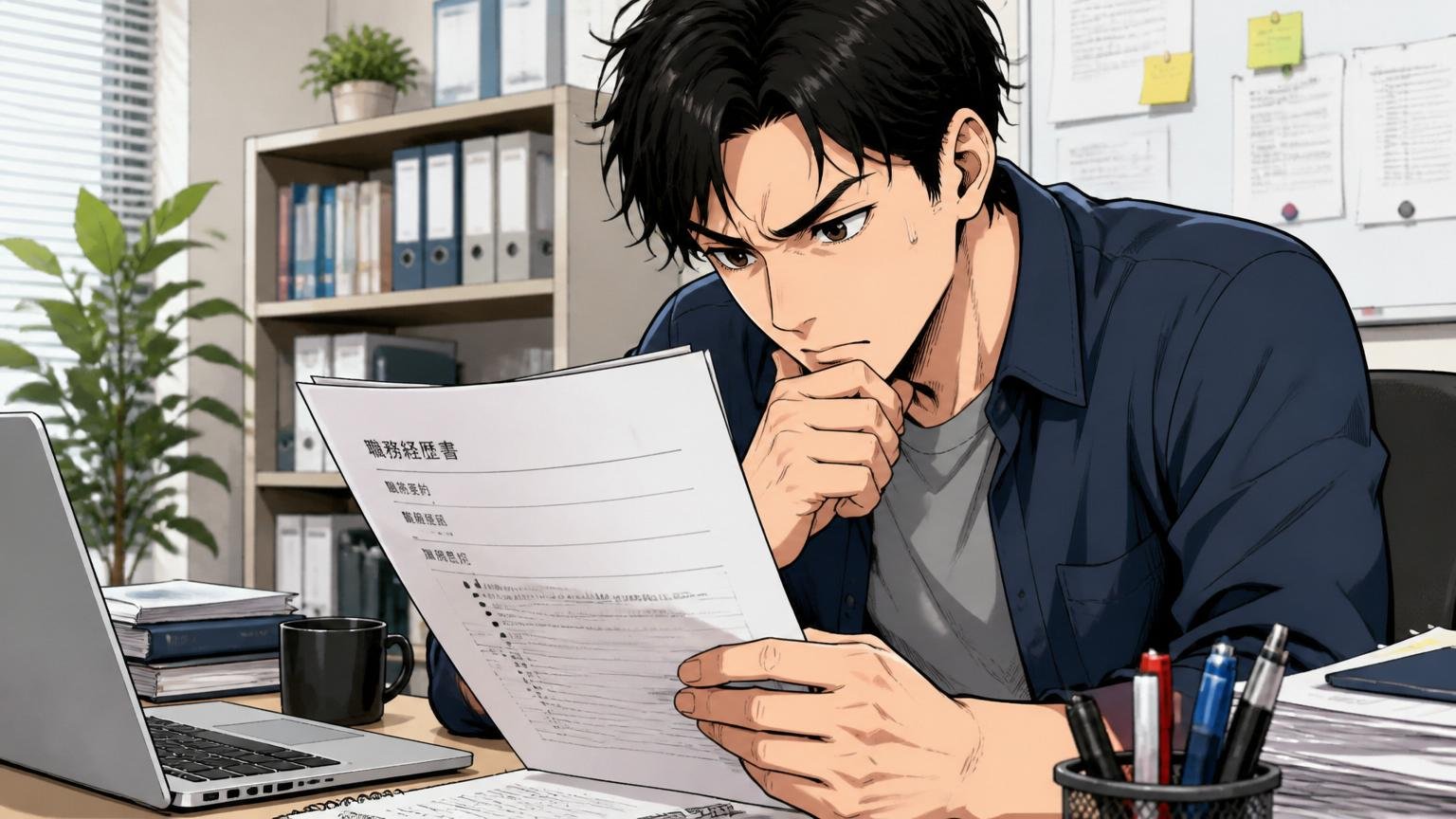 オフィスのデスクで職務経歴書を見直し原因を考える30代男性エンジニア、真剣な表情