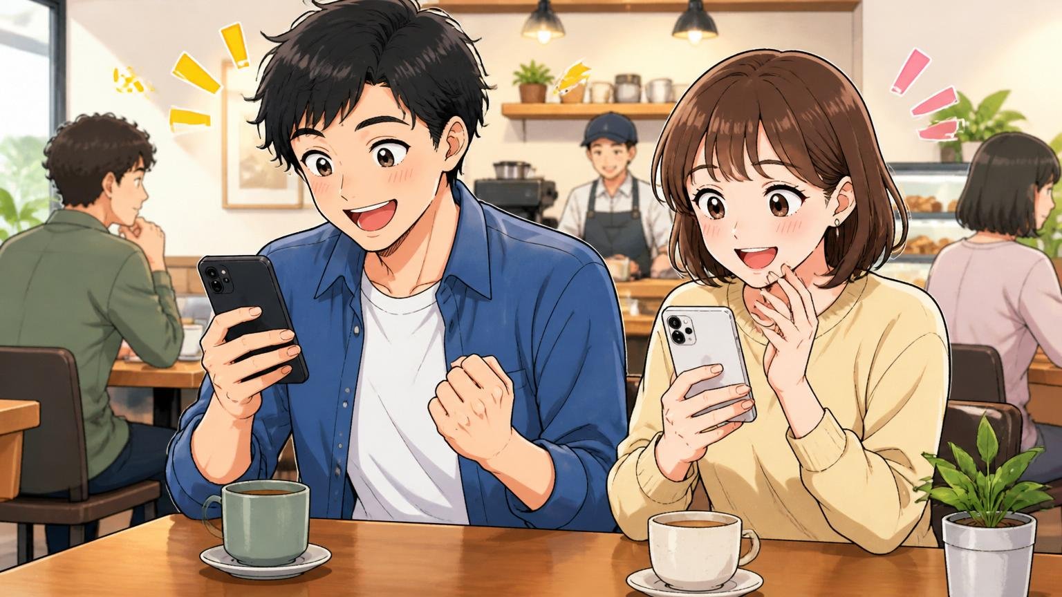 転職活動の通過率データを見て安心する求職者、カフェでスマホを見て表情がやわらぐ2人の男女