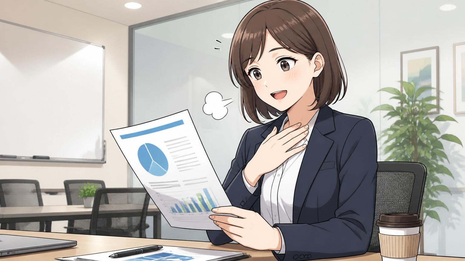 選考通過率のデータ資料を見て少し安心する女性会社員、企業の明るい会議室、1人、胸をなでおろしてほっとした表情