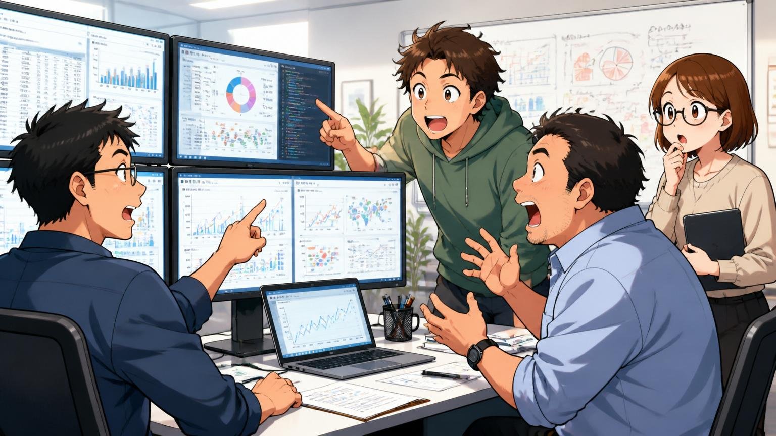 データ分析企業のオフィスで複数のエンジニアがモニターのデータを見ながら議論する場面