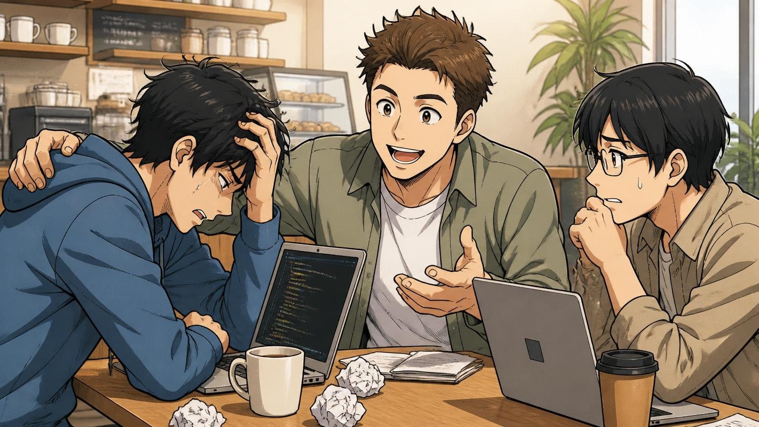 落ちた＝向いていないではない。カフェで先輩に励まされる若手エンジニア2人