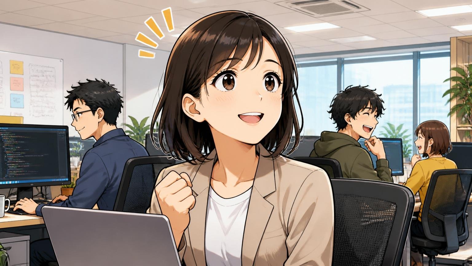 市場価値は否定されていないと気づく女性、Web系オフィスで前を向く