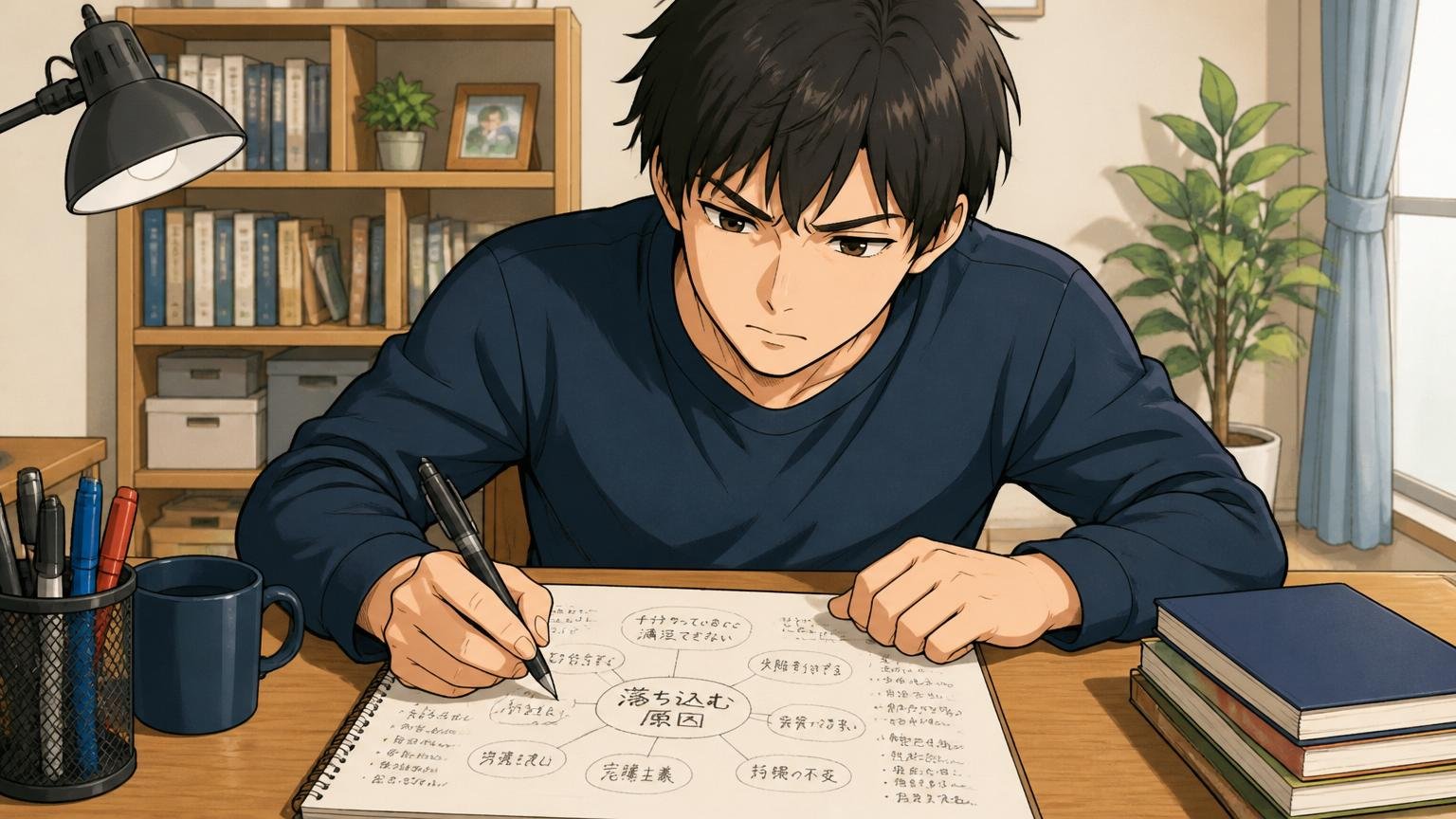 落ち込んだまま立ち止まらないために今できること、自宅の机でノートに原因を書き出す20代男性、真剣な表情
