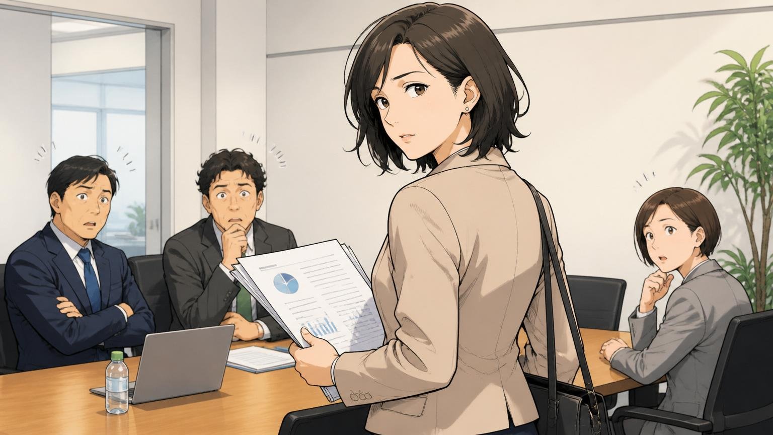 企業の会議室で面接を終えて席を立ち振り返る30代女性エンジニア、手元の資料を見つめながら考え込む表情