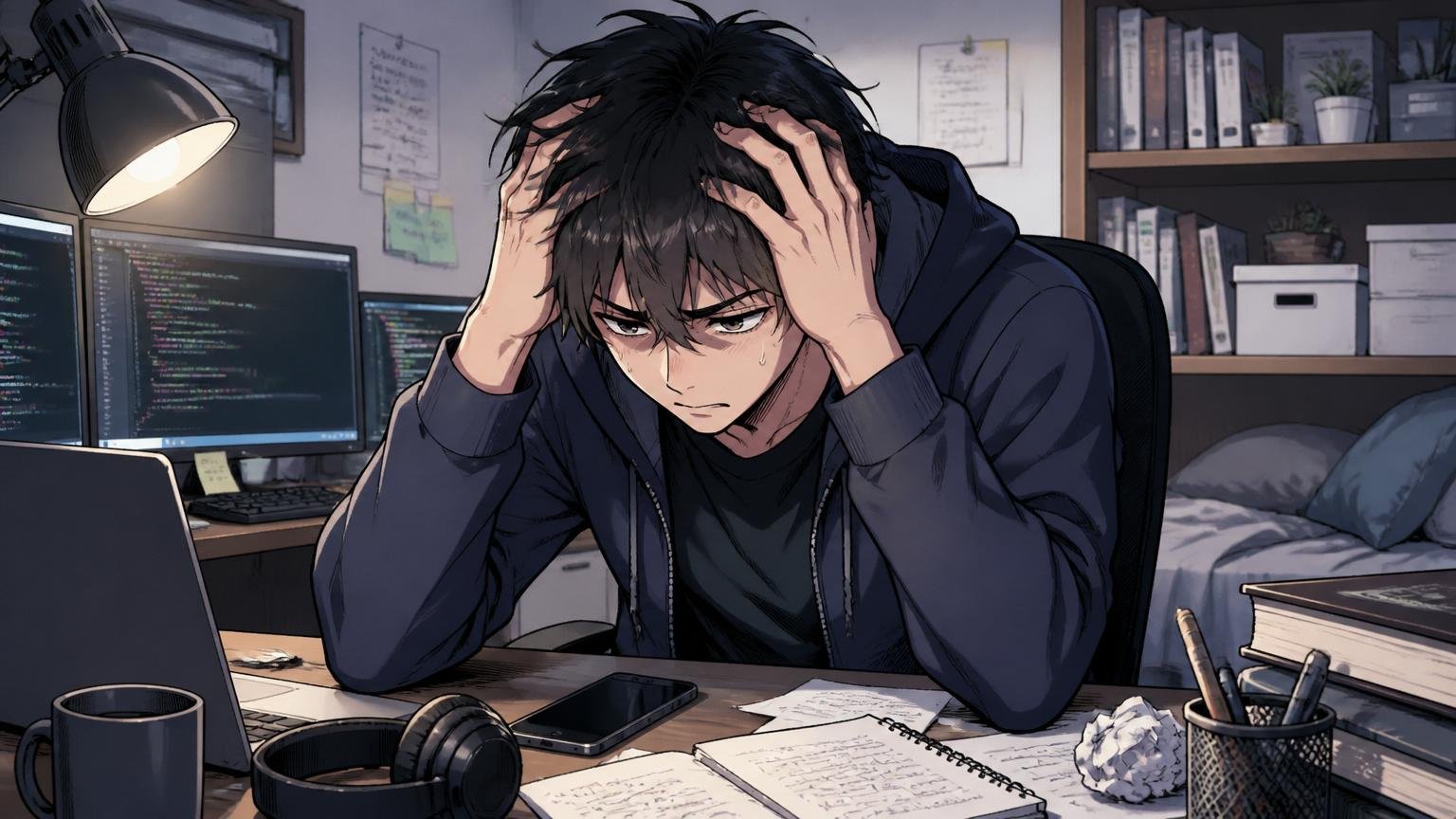 落ちた理由が分からず一人で反芻する。自宅のデスクで暗い表情で頭を抱える20代男性エンジニア1人