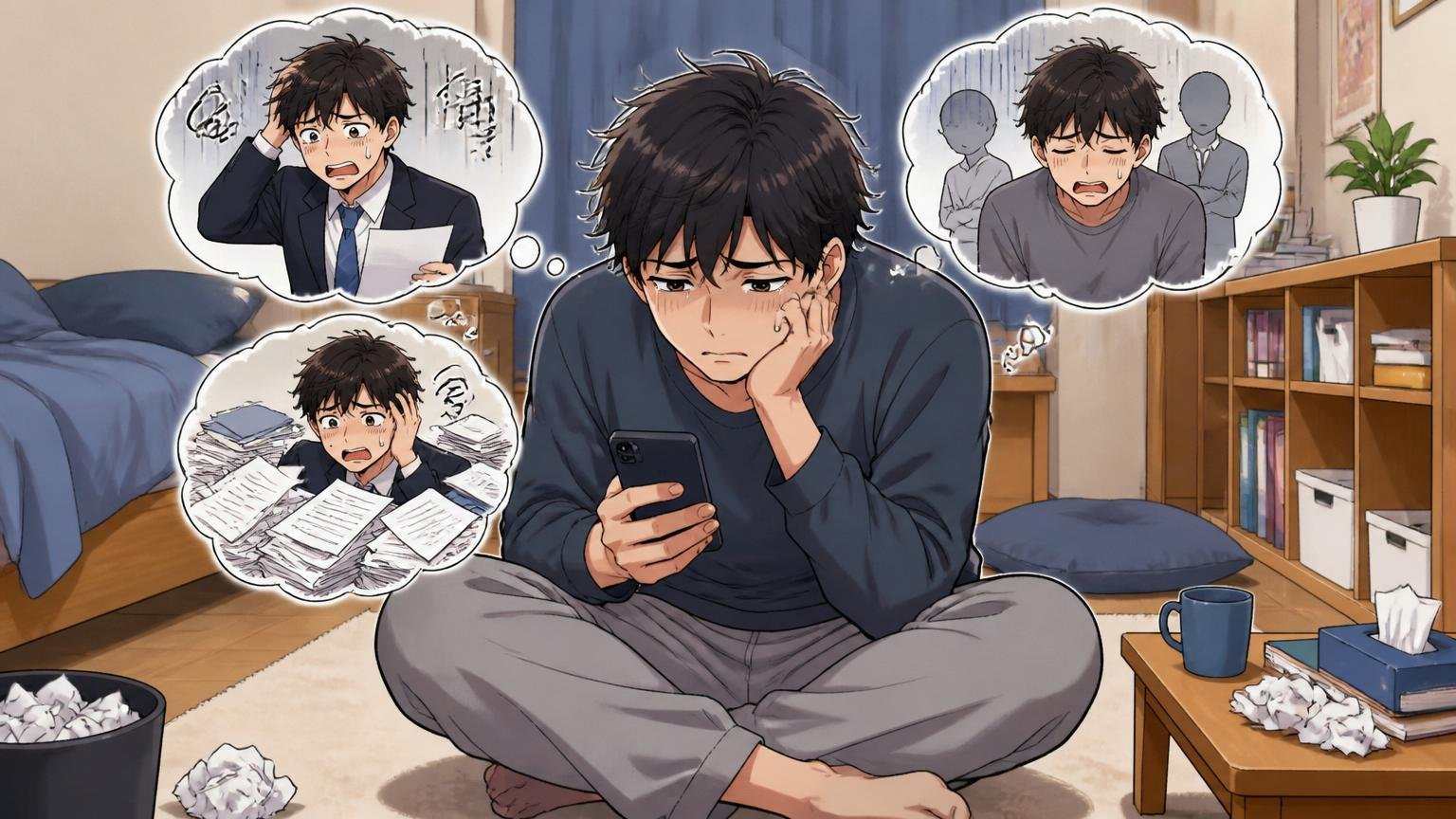不採用の夜に陥りがちな3つの思い込み 自宅の部屋で1人 スマホを見て落ち込む