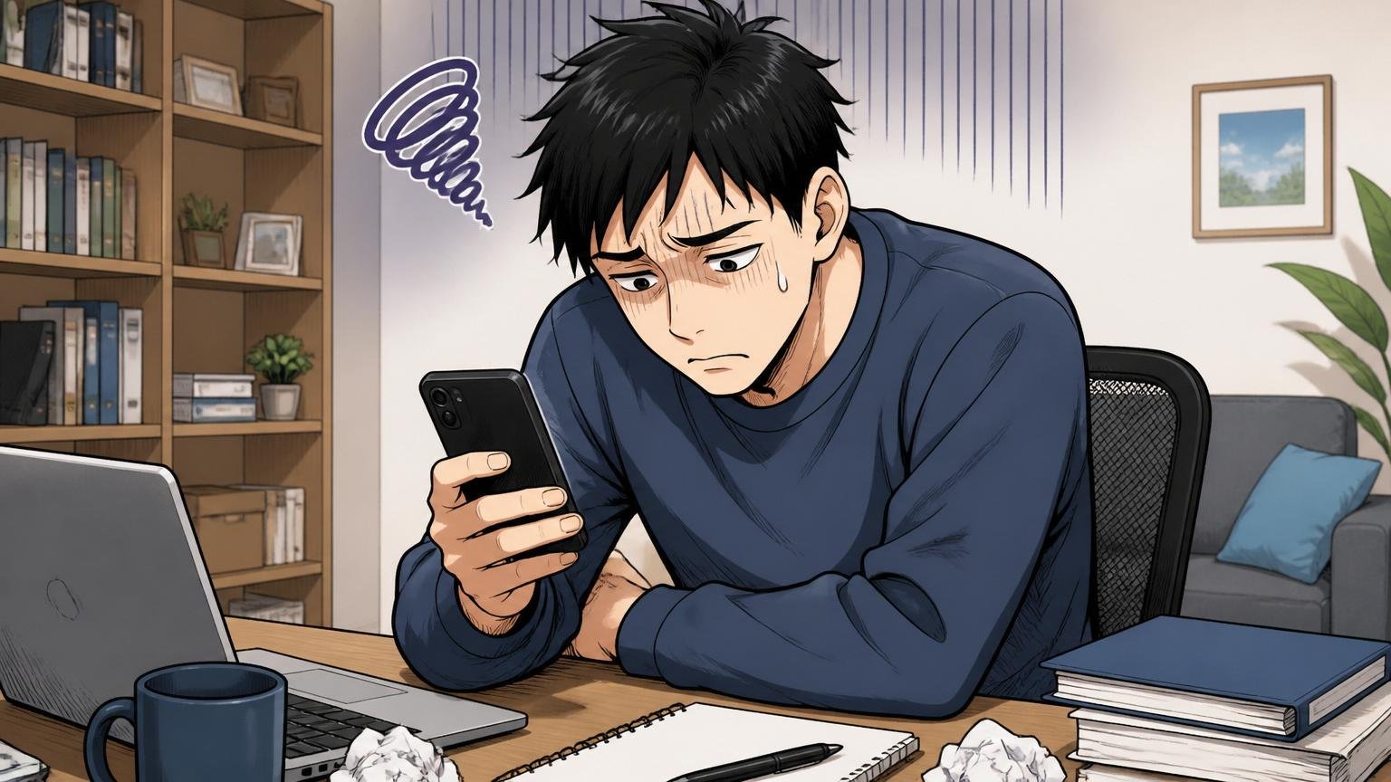 不採用通知のお祈りメールを確認する転職者。自宅の在宅デスクで1人スマホを手に肩を落とす表情