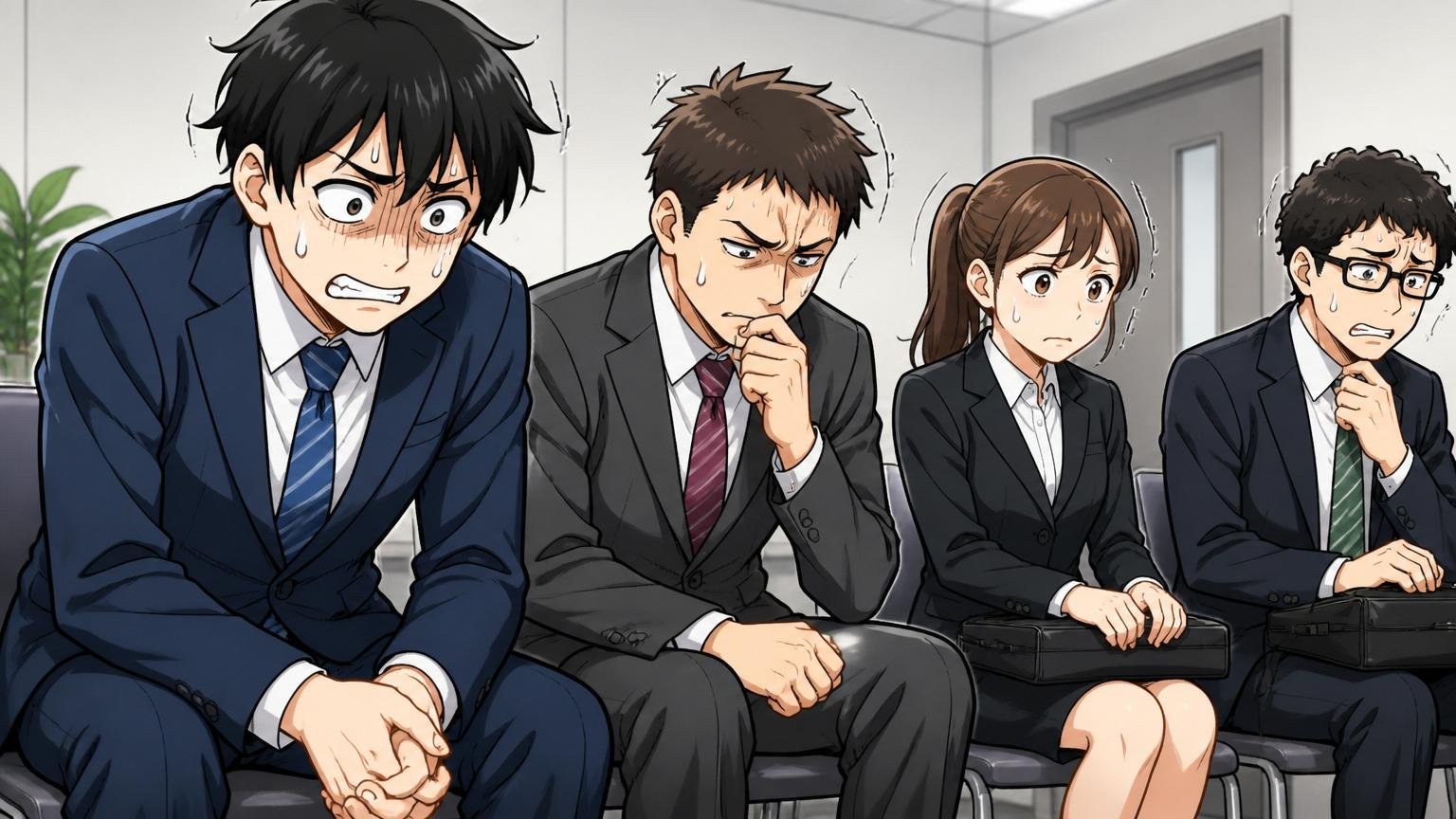 最終面接でも年間数百名が見送られる事実 企業の会議室で最終面接を終えた応募者数名が緊張の表情