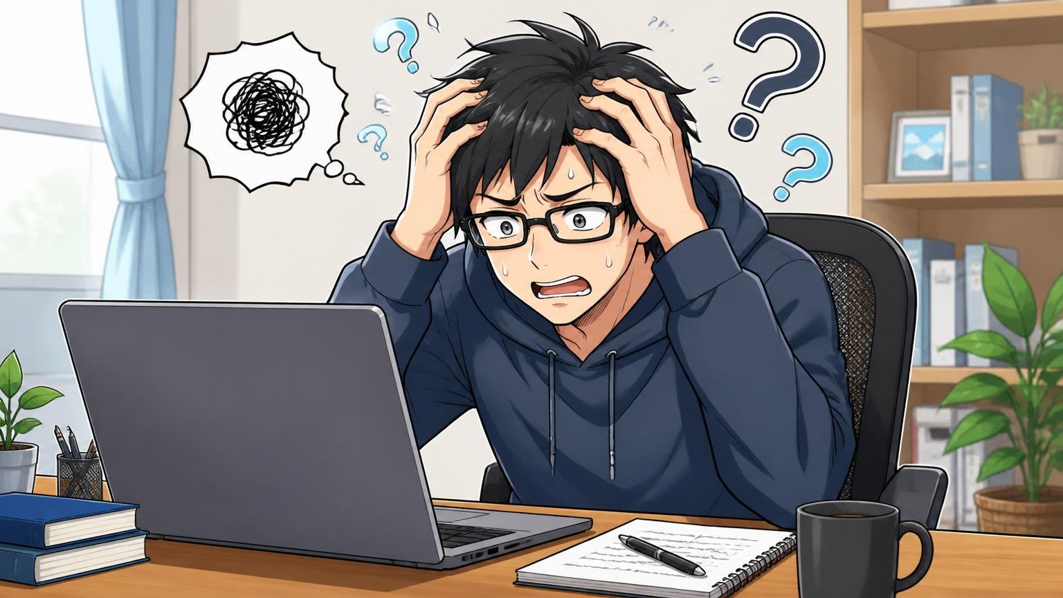 落ちた理由が分からず悩むエンジニア。自宅のデスクで在宅勤務中の応募者1人が頭を抱える