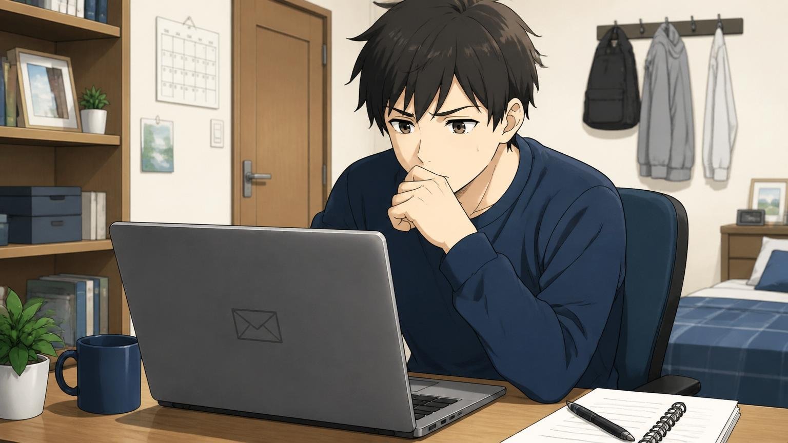 不採用通知のマッチング問題を、自宅で20代男性がノートPCの不採用メールを見て静かに考える