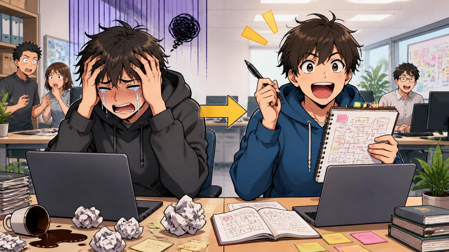 落ちたことを「終わり」にする人と「材料」にする人の違い。Web系企業のオフィスで2人のエンジニアが対照的な表情
