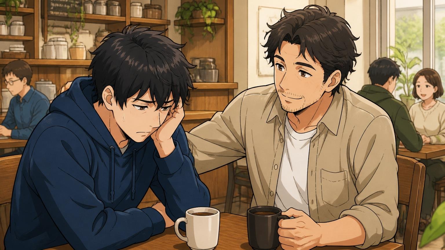 落ちたのはエンジニアとしての価値の否定ではない。カフェで落ち込む後輩エンジニアを励ますベテラン男性、2人、穏やかな表情