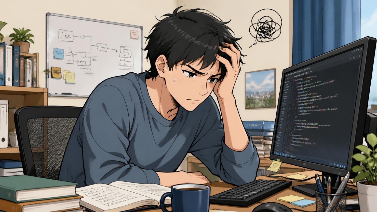 「技術力は足りていたはずなのに」とモヤモヤするエンジニアが自宅でコードを見つめる