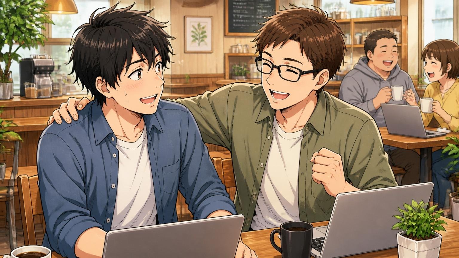 落ちたのは無能だからではない。カフェで肩を叩き励まし合う2人のITエンジニアの優しい笑顔