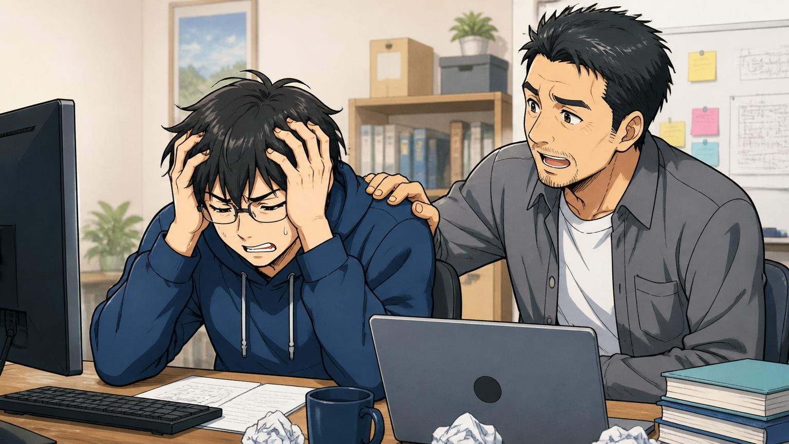 自宅の部屋で頭を抱え落ち込む20代の若手エンジニアと、隣で肩に手を置き落ち着いて諭す40代の先輩エンジニアの2人
